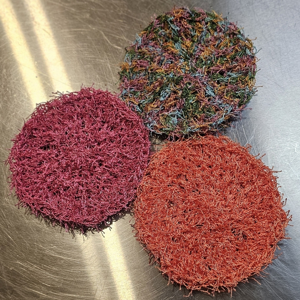 Handmade Set of 3 Round Dish Scrubby Hot Pink, Orange and Multicolor 4inch